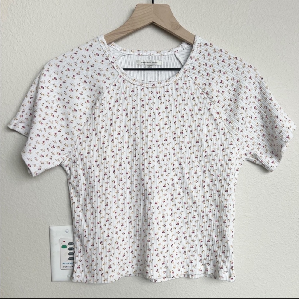 American Eagle Outfitters Floral Ribbed Babydoll Short Sleeve Top Size XL